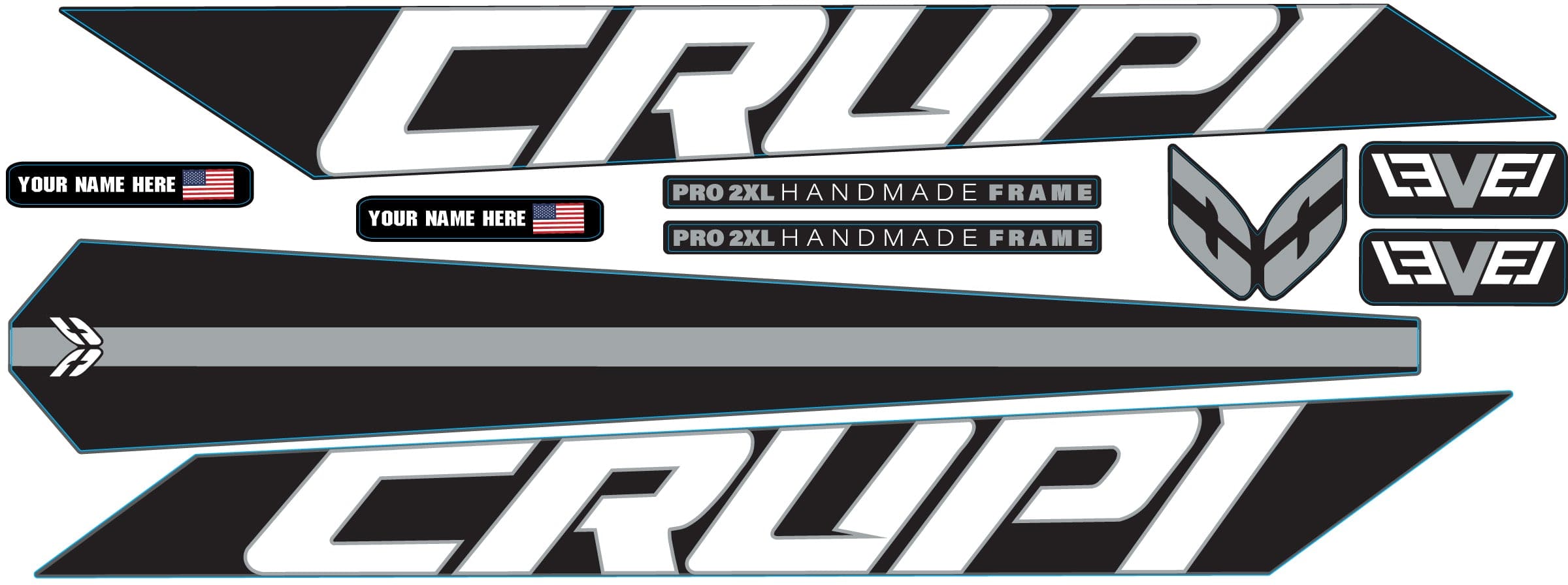 Crupi BMX Decals Black wGrey 2024 Level Frame Decals