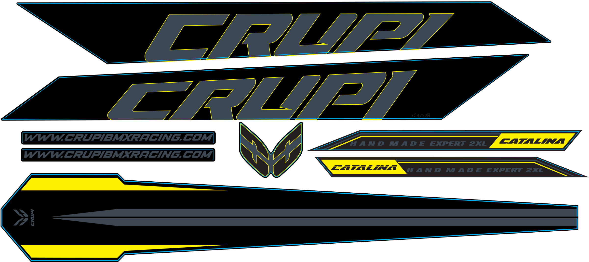 Crupi BMX Decals Grey wYellow 2025 Catalina2 Frame Decal kits