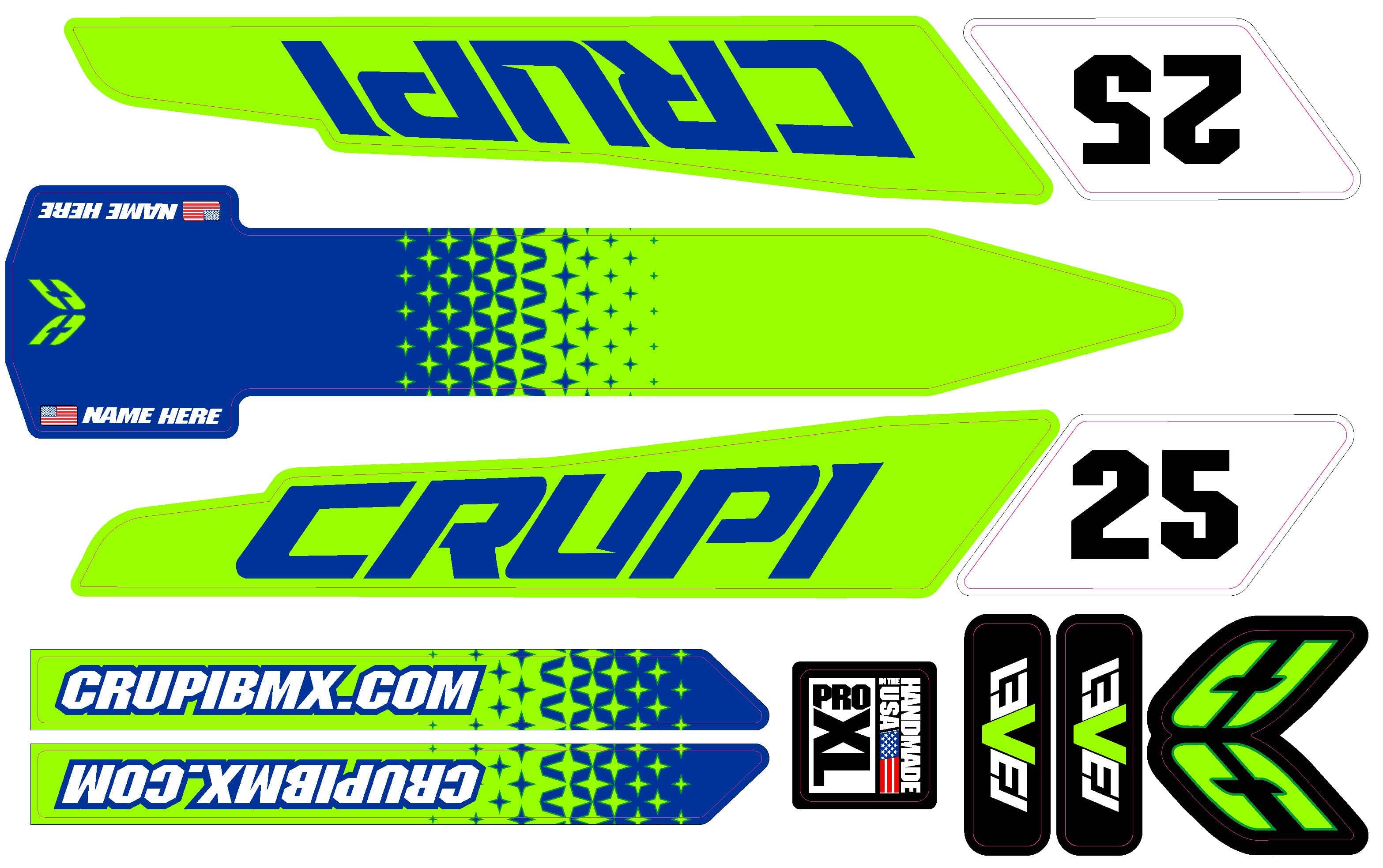 Crupi BMX Decals Pro / Blue/Green 2020 - 2023 CUSTOM Crupi Level Frame Decals