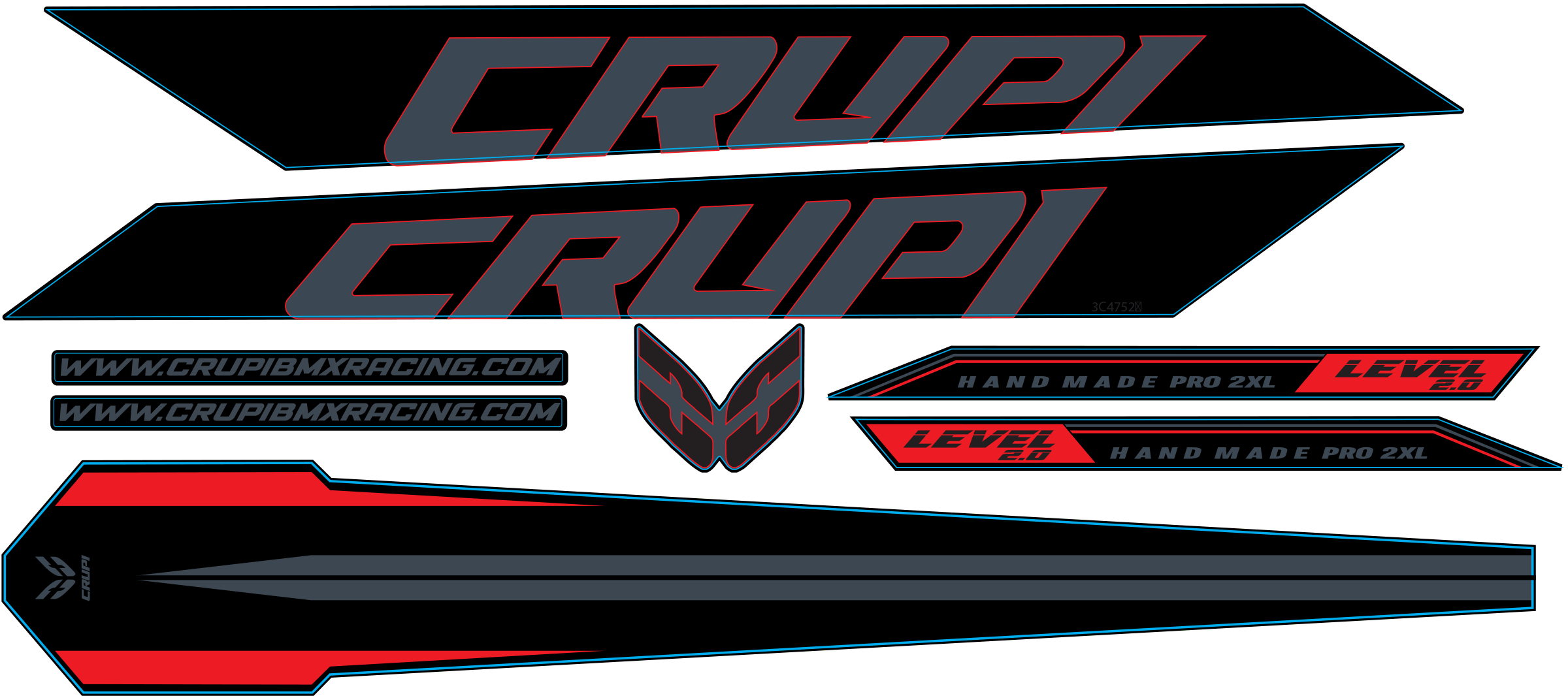 Crupi BMX Decals Grey wRed 2025 Level 2.0 Frame Decals