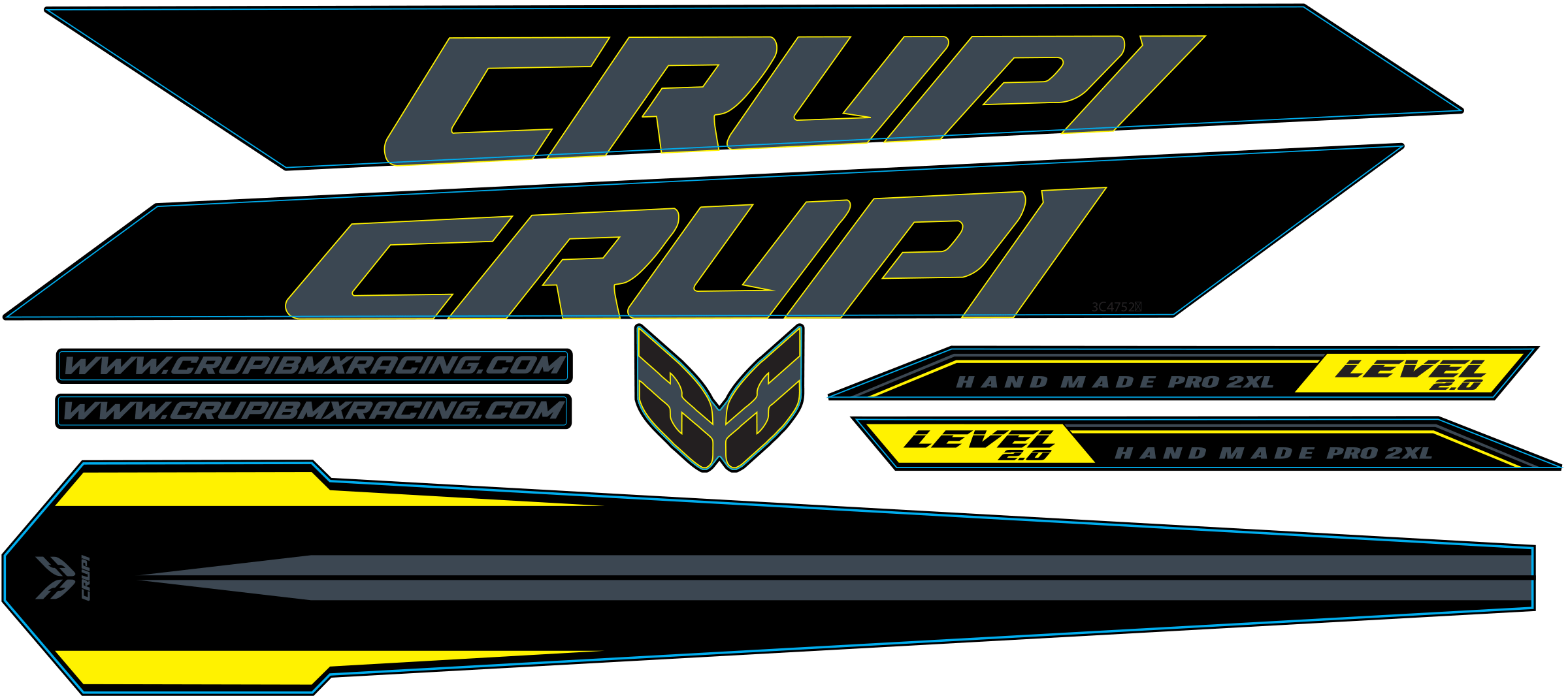 Crupi BMX Decals Grey wYellow 2025 Level 2.0 Frame Decals