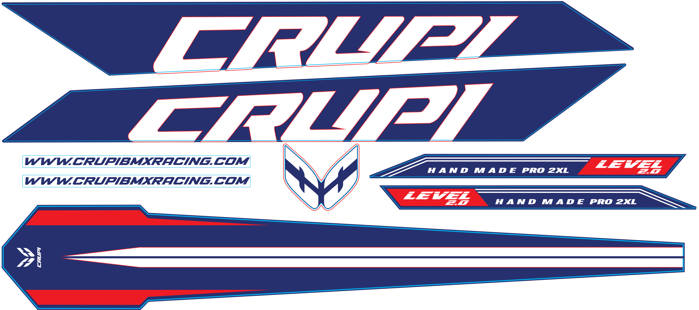 Crupi BMX Decals Red White n Blue 2025 Level 2.0 Frame Decals