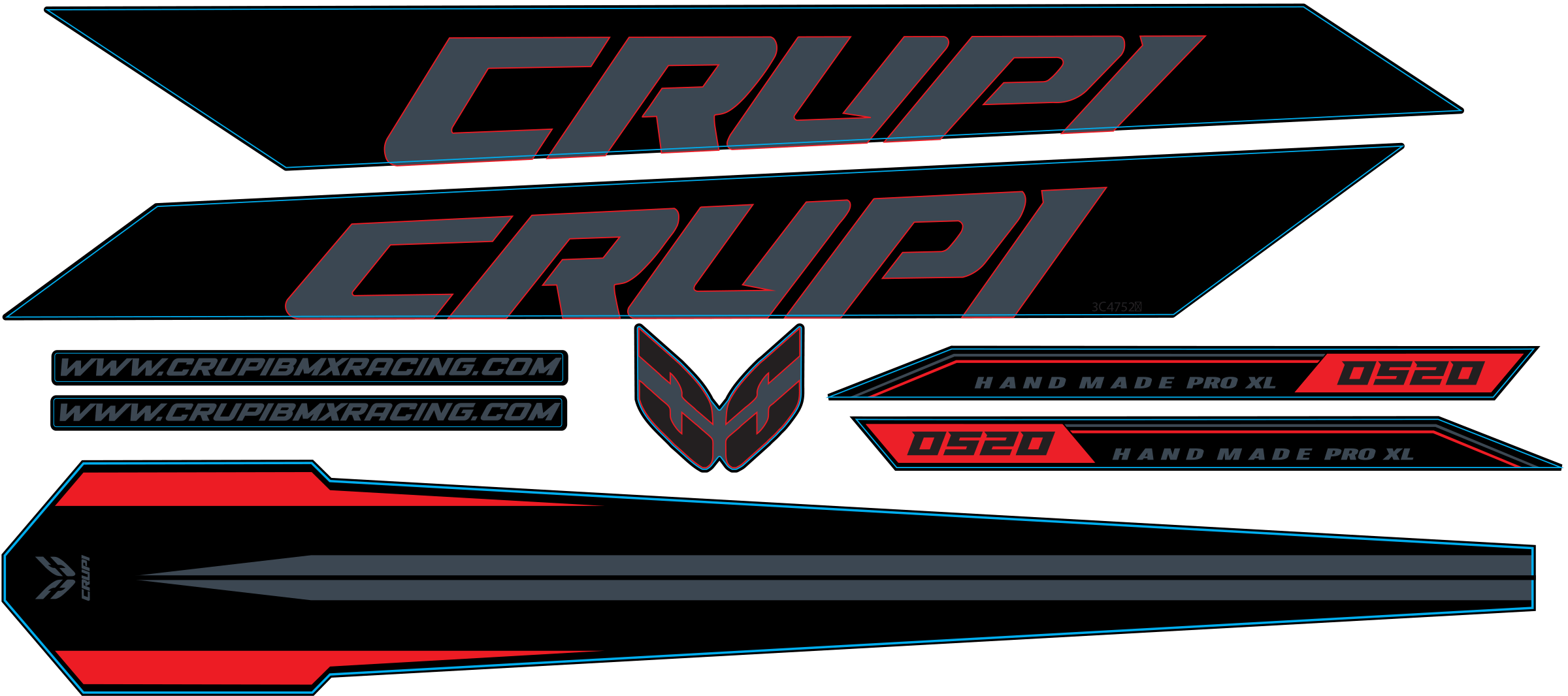 Crupi BMX Decals Grey wRed 2025 OS20 Frame Decals