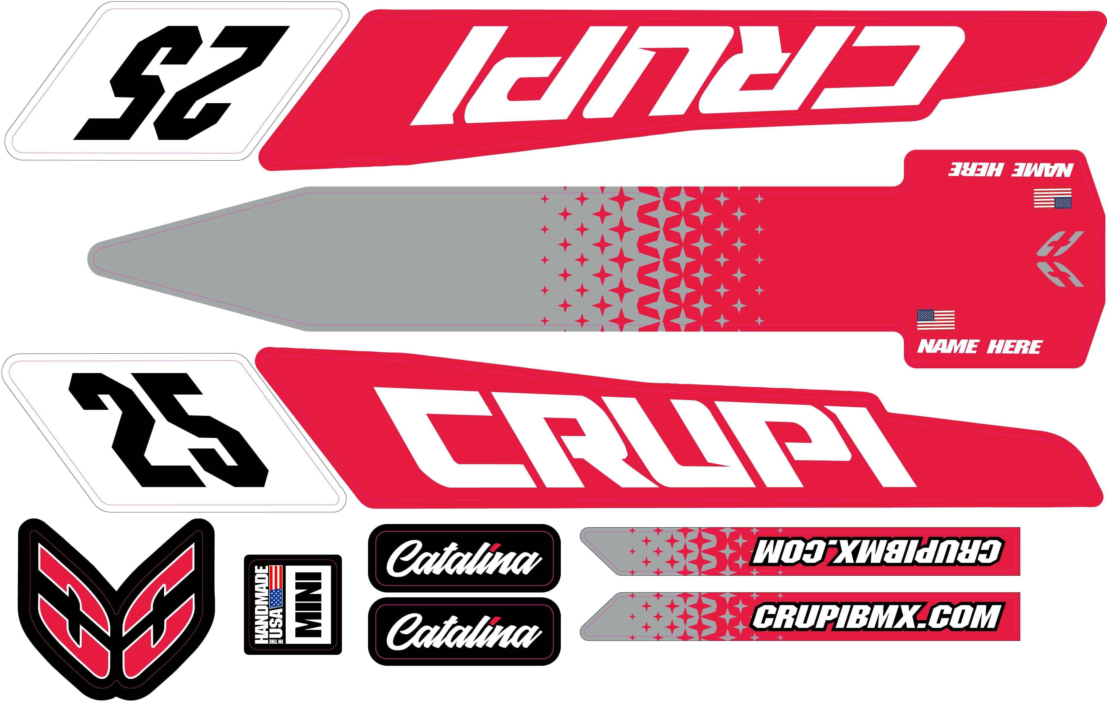 Crupi BMX Decals Micro / Red/White/Grey 2020 - 2023 CUSTOM Crupi Catalina Frame Decals