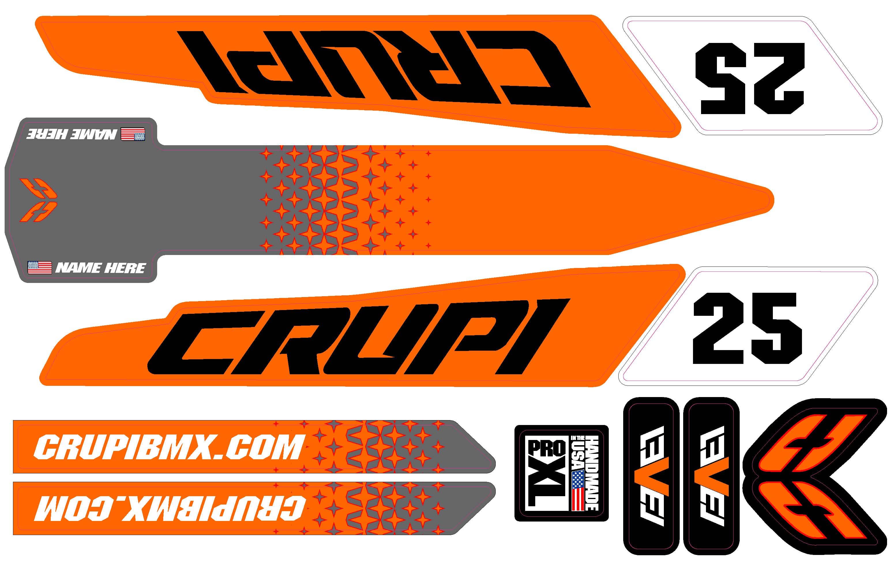 Crupi BMX Decals Pro / Orange/Grey 2020 - 2023 CUSTOM Crupi Level Frame Decals